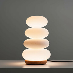 A minimalist lamp made from stacked smooth white pebbles, emitting a warm top light.