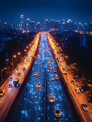Elevated night view of a multi-lane highway with dense traffic flowing towards a brightly lit city skyline.  Numerous vehicles create streaks of light, and glowing blue particles suggest technolog