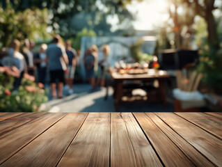 Wood table blurred backyard BBQ scene people grill house summer lifestyle