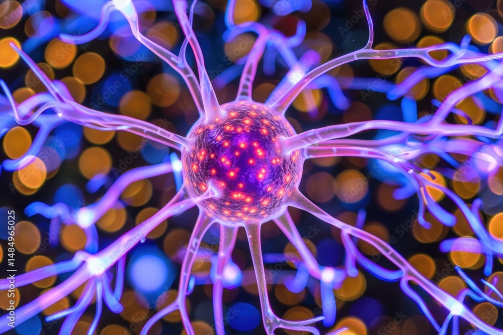 Poster a vibrant, glowing neuron with branching dendrites set against a colorful, abstract bokeh background