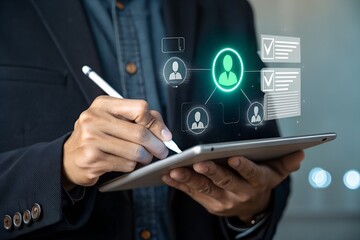 Digital recruitment process with HR manager selecting candidate using tablet in office environment, representing human resource technology and online hiring system in modern business workflow