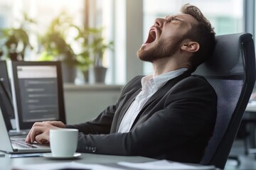 Sleepy businessman yawning at work desk in office