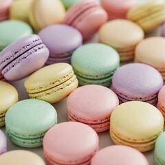 Colorful pastel macarons arranged in a soft, elegant composition. 