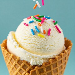 Close-up of a vanilla ice cream cone topped with rainbow sprinkles. A sweet and playful dessert perfect for summer