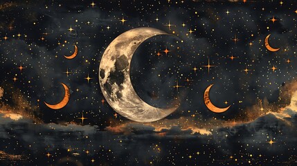 Dreamy night sky with glowing golden moon image
