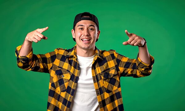 Smiling man pointing with a hat and checkered shirt, green background