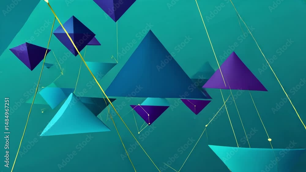 Poster abstract geometric shapes with colorful triangles and connecting lines on blue background