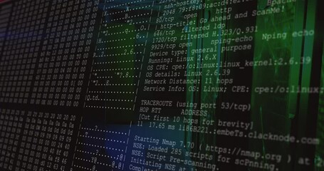 Central console showing Nmap scan output moving over hex grid left beside green server racks right - Powered by Adobe