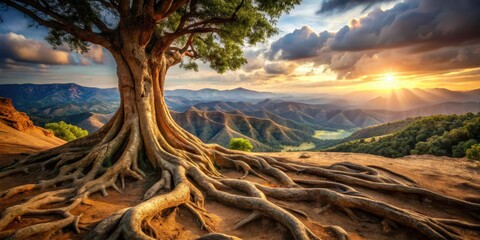 Earthy terrain with twisted tree roots, geological history