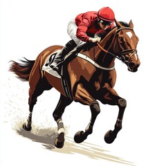 Jockey on racing horse. Sport. Champion. Hippodrome. Racetrack. Equestrian. Derby. Speed. Isolated on white background. Vector illustration