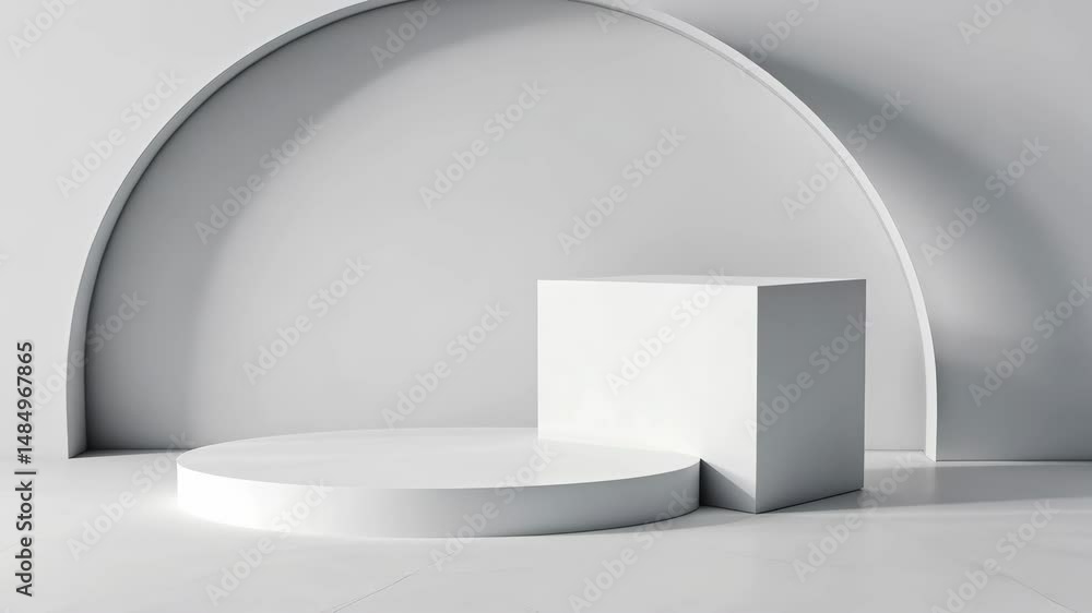 Poster minimalist display setup with geometric shapes and soft lighting in a studio environment
