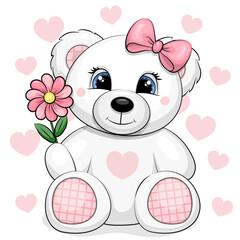 Cute Cartoon White Bear Toy with pink flower and hair bow. Vector Illustration with animal on white background with pink hearts.