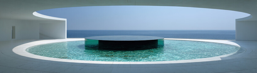 Fototapeta premium Futuristic Circular Exhibition Space: Minimalist Concrete Structure with Central Black Glass Feature and Panoramic Ocean View. White Floor, Skylight, and Hyperrealistic Photography for Modern Car Show