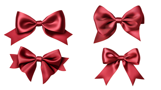 Four vibrant crimson satin bows, various shapes isolated on transparent or white background. Generative ai
