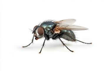 Close-up of flying housefly on white