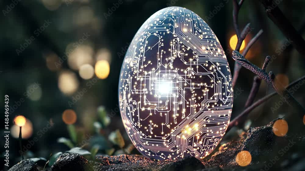 Poster glowing egg with intricate circuit design illuminated in a dark setting, digital art of a glowing eg