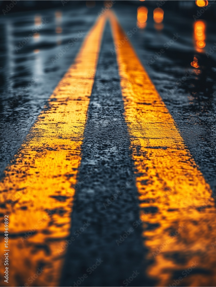 Poster roadway markings and reflection: a close-up perspective reveals the lines on the road and wet asphal