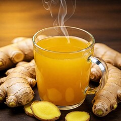 a glass  of hot ginger tea with lemon
