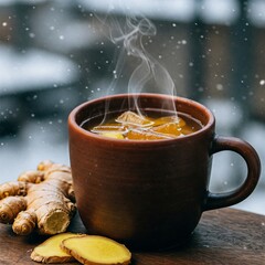 a cup of badrek, or wedang jahe, indonesian drik made from ginger and palm sugar. its a herb to warm our body in the cook/winter season