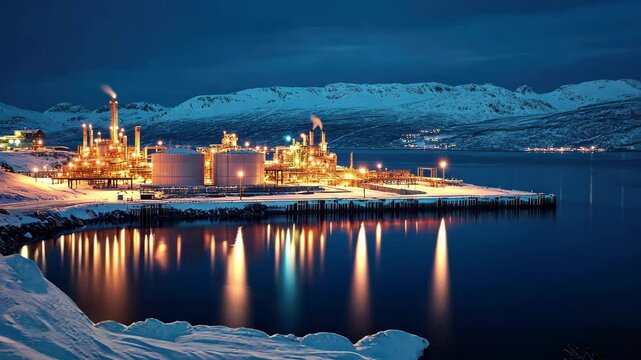 Hammerfest Island Mukut Northern Norway gas processing facility illuminated at night, Hammerfest Island Murukku Northern Norway, gas processing plant