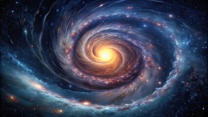 A dark, swirling vortex in the center of a galaxy, surrounded by stars and galaxies in various stages of collapse, spacetime curvature, cosmic void