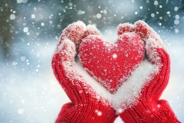 Heart-shaped snowball held in knitted gloves