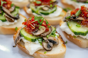 Close-up of Mini Bruschettas with Goat Cheese, Tomato Jam, Mushroom Cashew Cream, Avocado, and Kimchi