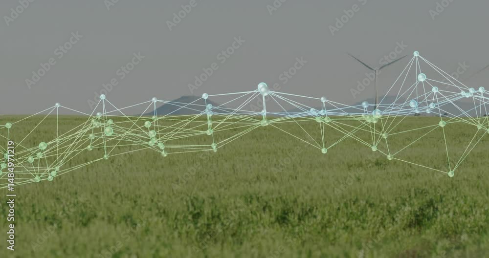 Poster Glowing translucent nodes and lines floating over green field, 3D render showing wind turbine