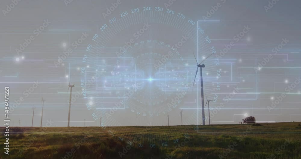 Poster wind turbines being animated in grassy field, showing flat design circuit overlay and glowing nodes