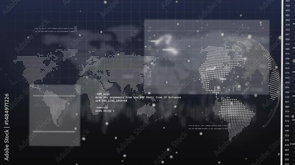 Poster dotted world map expanding in digital dashboard, featuring transparent ui panels and code overlays