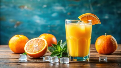 Freshly squeezed orange juice in a glass with ice cubes on the table , breakfast drink, colorful