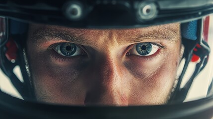A close-up of a hockey player's intense eyes through their helmet