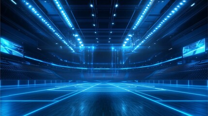 Blue Neon Arena: Immerse yourself in the electrifying atmosphere of a futuristic sports arena bathed in vibrant blue neon lights, capturing the energy and anticipation of a thrilling competition. 