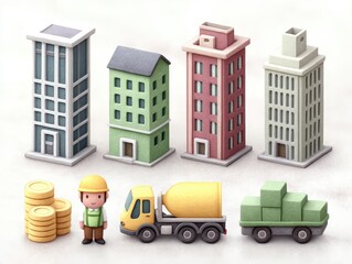 Naklejka premium Construction site setup featuring colorful buildings a smiling worker in hard hat alongside construction equipment showcasing urban development and infrastructure growth within a creative