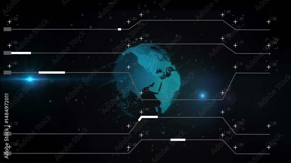 Poster network dashboard showing 3d dotted earth globe rotating, orbit lines surrounding lock icons