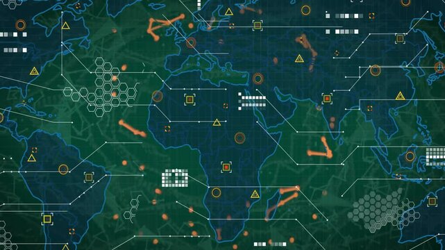 Neon-outlined world map being animated as flat design UI, showing hex grid clusters and node arrays