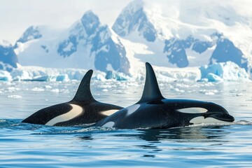 Fototapeta premium Orcas Swimming Through Icy Arctic Waters