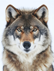 Fototapeta premium Close-up portrait of a wolf, facing the camera, against a bright, blurred white background. Its fur is a mix of gray, brown, and white, with intense golden eyes
