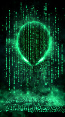 Fototapeta premium Glowing alien face formed by digital code, surrounded by cascading green data streams on a dark background