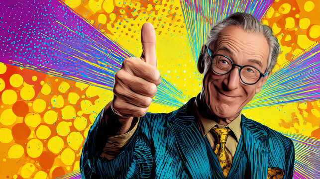 joyful elderly man with glasses thumb up like. Pop art retro vector illustration vintage kitsch