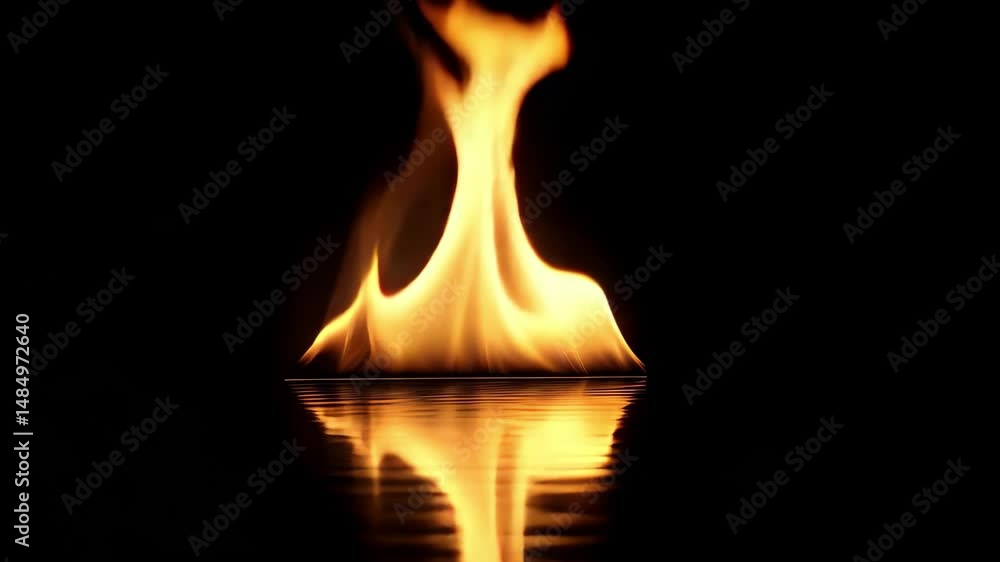 Poster dazzling flames reflecting on water against a black background creating a mesmerizing visual display