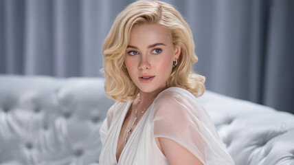 Naklejka premium Elegant blonde woman in a sheer dress portrait with studio lighting beauty fashion
