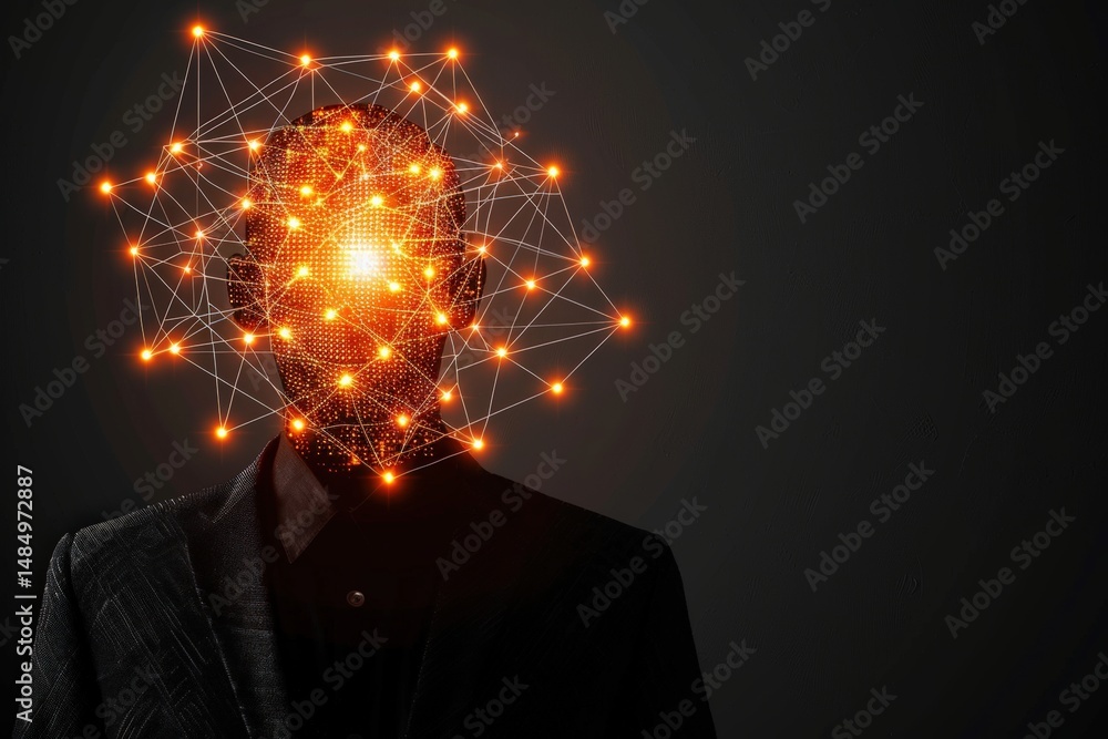Poster a digital representation of a human head with glowing connected nodes, symbolizing artificial intell