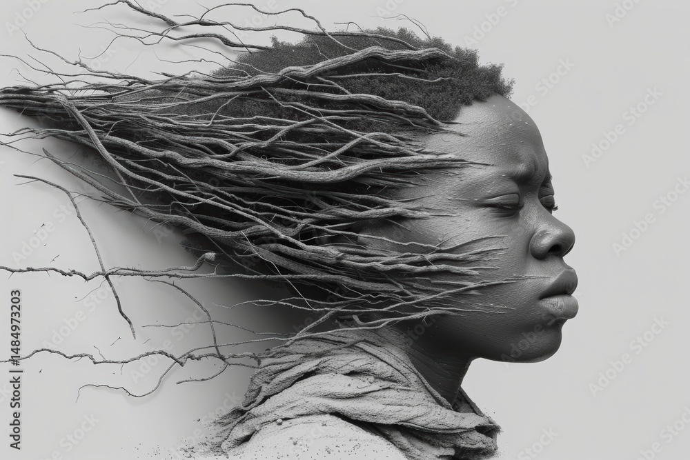 Poster a contemplative person with eyes closed, hair transforming into tree branches, symbolizes a deep con