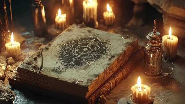 Creepy old book with mystical symbols surrounded by flickering candles and eerie ambience, a creepy old book with mystical symbols, surrounded by burning candles and potion bottles