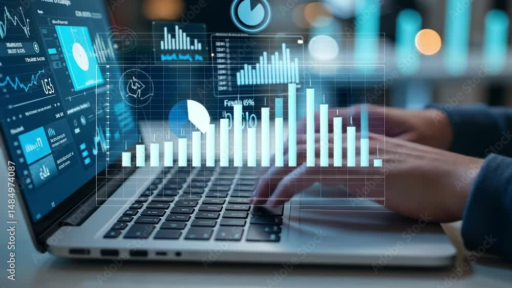 Poster hands typing on laptop with data analytics graphs and digital visualizations displayed