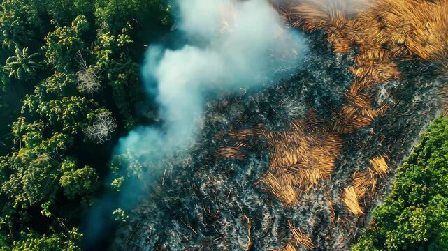 Aerial view of deforestation in a jungle rainforest revealing burnt land and smoke rising, Aerial: jungle rainforest deforestation, burnt land for logging and farming