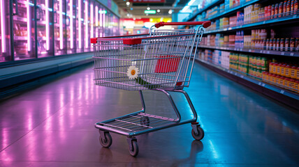 Empty shopping cart in a supermarket aisle with vibrant neon lights illuminating the space