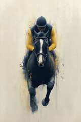 Dynamic modern impressionism artwork featuring a black horse and rider in motion, showcasing energy and grace in a unique oil painting style