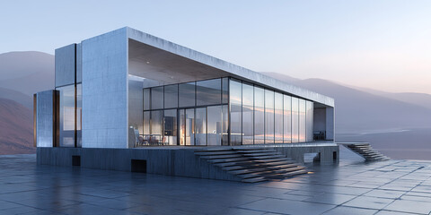 Obraz premium Modern Glass and Concrete House Atop Historic Building: Minimalist Rooftop Terrace with Mountain Vista. Empty Platform with Stairs, Blending Contemporary and Traditional Architecture for Cinematic Adv